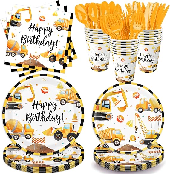 Construction Birthday Party Supplies Construction Theme Decorations Includes Plates, Cups, Napkins, Cutlery, Perfect for Excavator Birthday Decorations, Serves 24