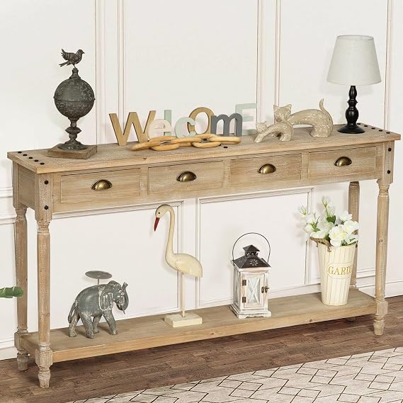 Wnutrees Farmhouse Console Table with 4 Drawers, 60" Long Narrow, Natural