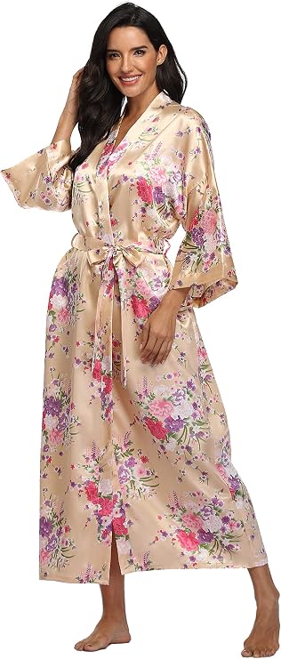 Women's Long Satin Robe Floral Lightweight Kimono | Silky Bridesmaids Robes, Dressing Gown, Sleepwear, Perfect for Wedding Parties, Everyday Lounge