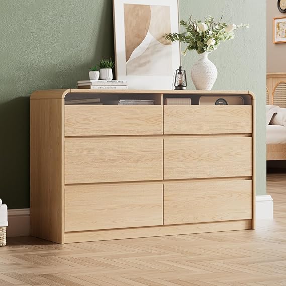 Ieejdn 47.2" Dresser with 6 Drawer, Wide Dresser with Recessed Glass Display & Silent Metal Rails, Handleless Chest of Drawers for Clothes, and Bedding, Warm Wood