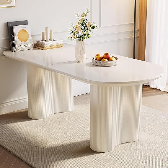 Modern Oval Dining Table with Fluted Pedestal Base, Nordic Minimalist Kitchen & Dining Room Table for 4-6 People, Cream White Space Saving Dining Table for Home & Apartment (Dining Table Only, 160 cm)