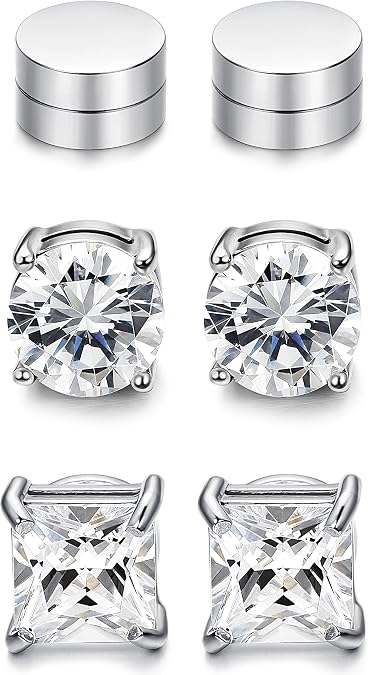 JOERICA 2-4 Pairs 6-8MM Stainless Steel Stud Earrings for Men Women Non Piercing Clip on CZ Earrings Black Silver