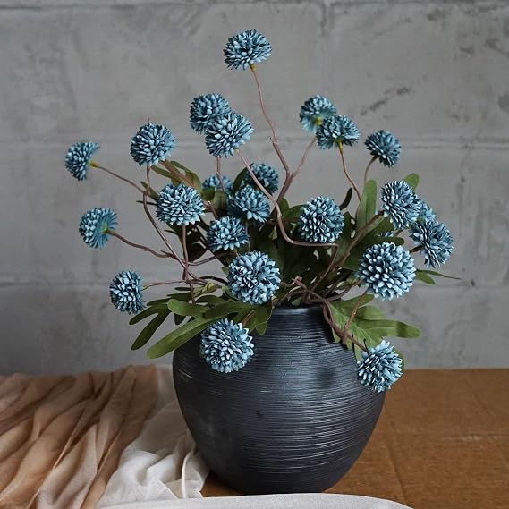12PCS Faux Kiku Flowers for Vase Fake Dusty Blue Silk Flower for Home Decor