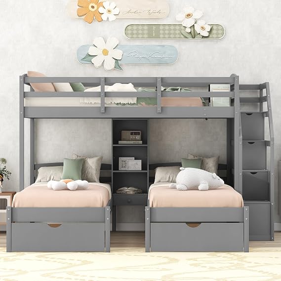 Harper & Bright Designs Twin Over Twin Bunk Bed with Storage Drawers for Kids, Triple Bunk Bed with Staircase and Guardrails for 3, No Box Spring Needed, Saving Space, Gray