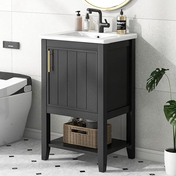 20 Inch Small Bathroom Vanity with Sink Combo, Modern Single Sink Vanity with Top, Wood Bathroom Cabinet with Ceramic Sink, Soft Closing Door, Storage Rack and Open Shelf (Black)
