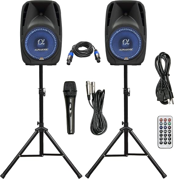 Pair Alphasonik All-in-one 10" Powered 1000W PRO DJ Amplified Loud Speakers with Bluetooth USB SD Card AUX MP3 FM Radio PA System LED Lights Karaoke Mic Guitar Amp 2 Tripod Stands Cable and Microphone
