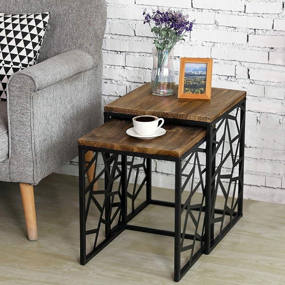 Modern Multi-Purpose Black Metal Foot 2-Piece Natural Wooden Zigon Coffee Table