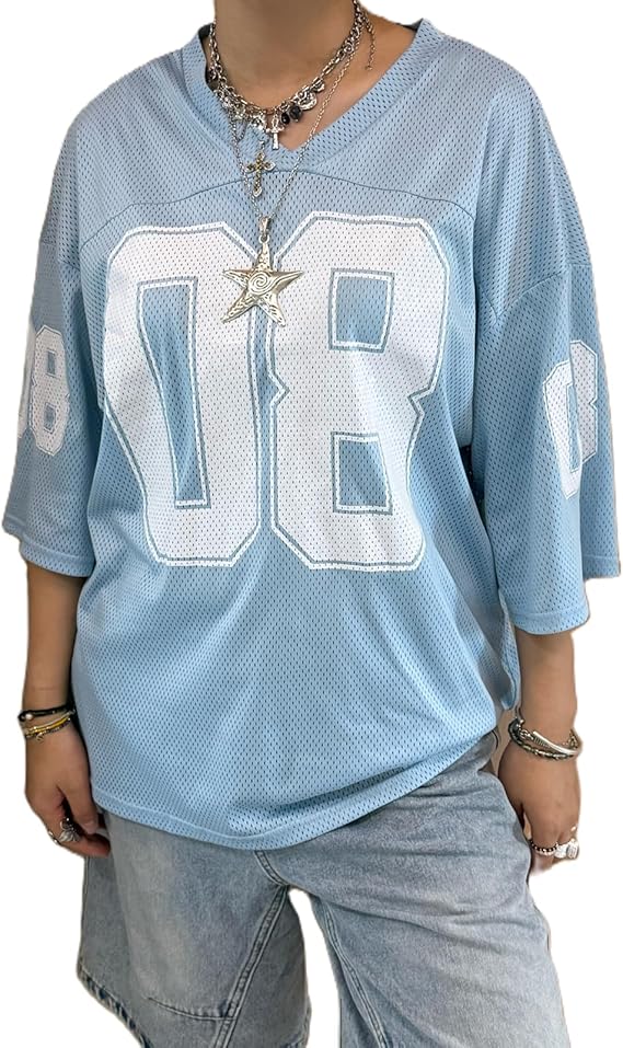 Women's Graphic Football Jersey Shirts Tops Y2k Number Oversized Tees Half Sleeve Sport V Neck Tshirt Streetwear