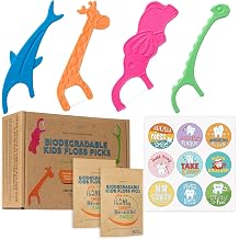 Biodegradable Kids Flossers -100 Pack, Natural Kids Floss Picks, Fluoride Free, Biodegradable Floss Pick, Organic Animal Kids Dental Floss Picks, Dental Floss Sticks for Kids - (Mild Orange)