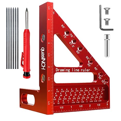 4.7"Mini 3D Multi-Angle Measuring Square Ruler, QWTR1 High Precision Hole Scribing Woodworking Tools, 22.5-90 Aluminum Alloy Carpenter Square with Angle Pin, Carpenter Pencil with Sharpener 6 Leads