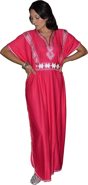 Moroccan Caftans Women Breathable Women Handmade Butterfly Style Embroidery Ethnic Design Magenta One Size