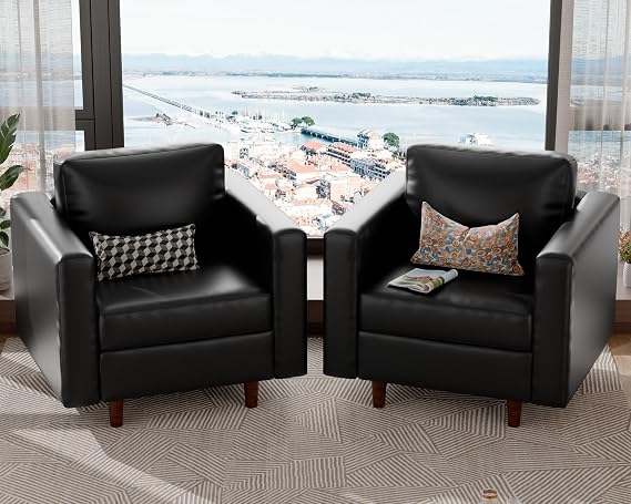 ABCASA Faux Leather Accent Chair with Storage,Wide Armrest,Black,2PCS