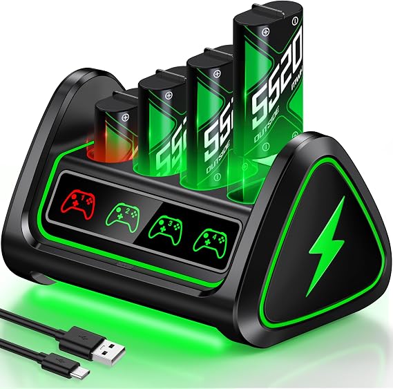 Upgraded Fast Charging Rechargeable Battery Packs with Light Control,4 x 5520mWh Replacement Batteries with Charger Dock for Xbox Series X|S, One S/X/Elite Controllers, Cases and Storage Sets,L