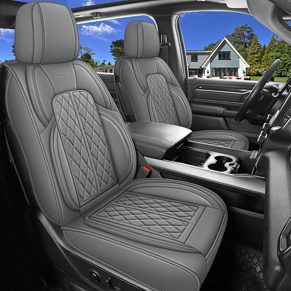 Car Seat Cover Custom Fit for Dodge Ram 1500 2500 3500 2002-2026 Faux Leather Seat Cover Set Compatible with Crew Quad Regular Cab Pickup Truck Cushions (Grey, Front Seat)