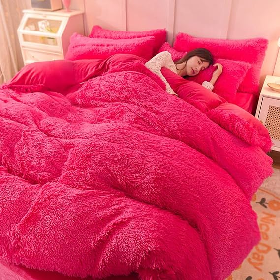 AETVRNI Luxury Plush Shaggy Faux Fur Duvet Cover Set, Super Soft 4 Pieces Strawberry Red Fluffy Comforter Cover Set, Bedding Set(1 Plush Furry Duvet Cover+ 1 Flat Sheet+ 2 Pillow Shams),22,Queen