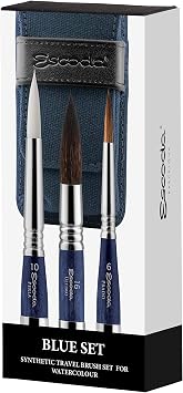 Escoda | Watercolour | Blue Travel Set | Size 6,10,16 | 3 Brushes | Synthetic White Toray + Tendo + Tame | Round Pointed