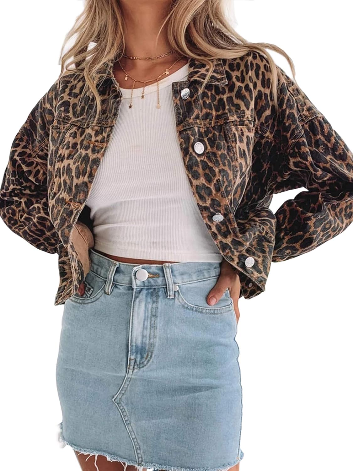 Womens Leopard Print Retro Shape Button-up Front Bomber Jacket