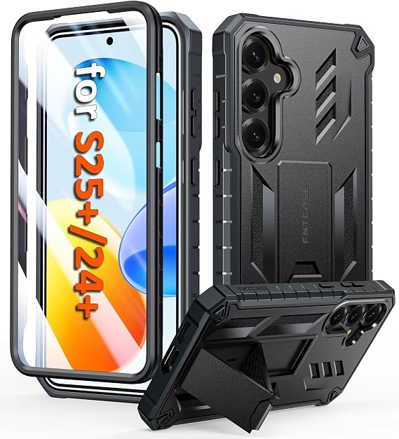 FNTCASE for Samsung Galaxy S25 Plus Case, Built-in Screen Protector, Stand | Kickstand, Military-Grade Drop Protection, Anti-Slip Matte Textured, Rugged Heavy Duty Shockproof Protective Cover