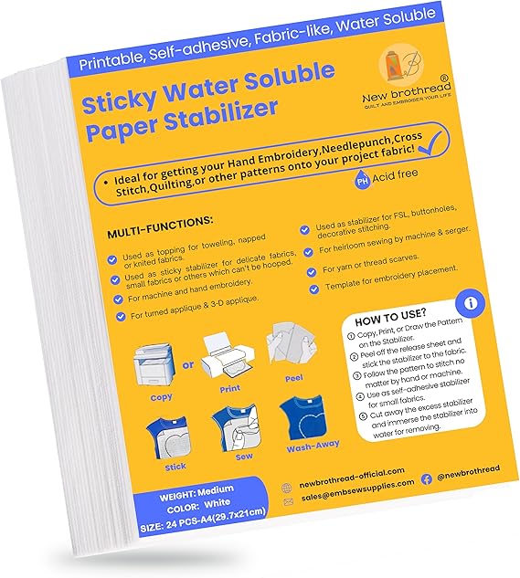 New brothread 24PCS A4 (29.7 x 21 cm) Embroidery Stabilizer Self-adhesive Water-Soluble Embroidery Paper Printable - Medium Weight - Suitable for Printing or Drawing Patterns, Hand and Machine