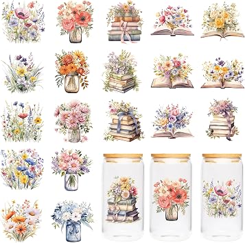 CRASHOT UV DTF Cup Wrap Sticker - 20 PCS Flower UV DTF Transfer for Mug, Glass, Notebook, Vase, Waterproof Rub on Transfer, DIY Gifts for Flower Lover