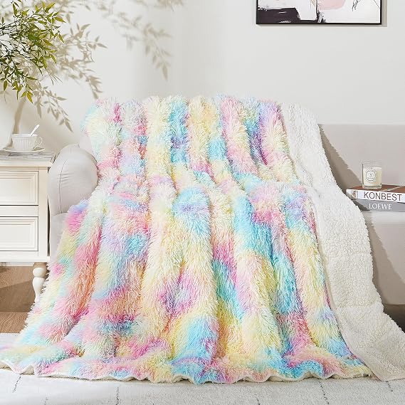 Cottonblue Weighted Blanket 15lbs Queen Size, Soft Faux Fur Sherpa Blanket, Reversible Fluffy Fleece Reverse Blankets, Warm and Cozy Rainbow Throw Decorative for Bedroom Sofa Floor, 60"x80"