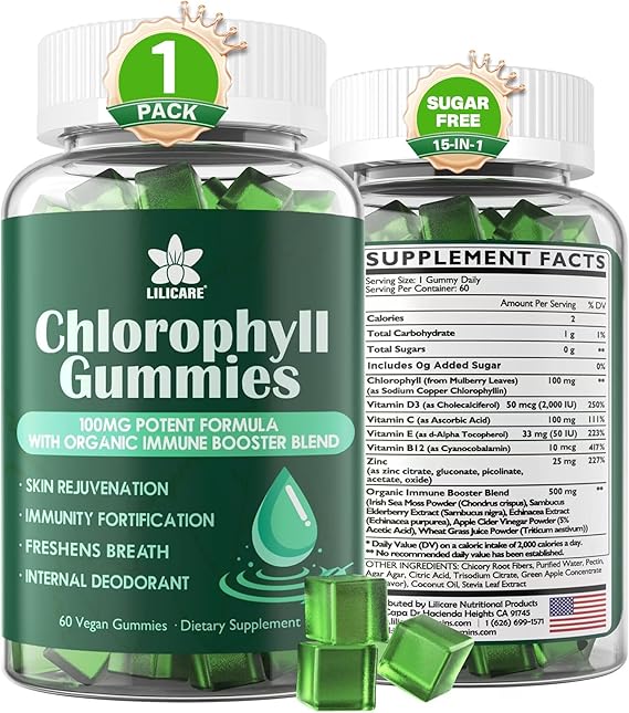 Chlorophyll Gummies for Women Men, Super Green w/ Sea Moss,Elderberry,60Cts | Chlorophyll Supplement w/ Wheat Grass, Echinacea, Zinc Complex, Vitamins C, D3, E, B12 for Natural Deodorant,Immune,Digestive