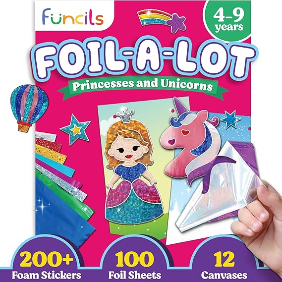 Funcils Foil Art Craft Kit - Unicorn & Princess Sticker Activity for Kids | Toddler Arts & Crafts, No Mess Kids Travel Toys, Games, Fun Birthday Gifts for Boys & Girls Ages 4, 5, 6, 7, 8, 9 Year Old