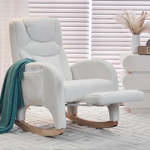 Comfy Rocking Chair Nursery Glider, Upholstered Nursery Chair with Foot Rest, Modern Rocker Chair with Pocket, Accent Armchair with Smooth Rocking Base for Nursing, Reading, Relaxing (Ivory Teddy)