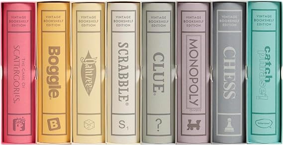 WS Game Company Collection of 8 Vintage Bookshelf Edition Board Games Including Scrabble, Monopoly, Clue, Yahtzee, Catch Phrase, Chess, Scattergories & Boggle - Classic Family Games for Kids & Adults