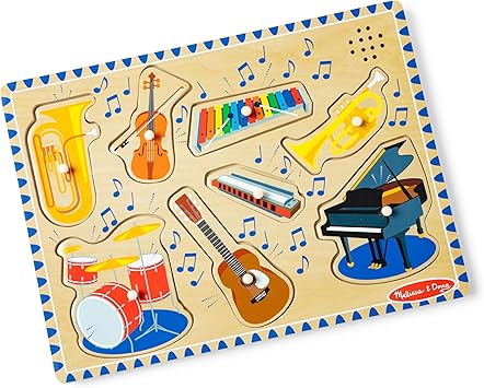 Melissa & Doug Musical Instruments Sound Puzzle - Wooden Peg Puzzle with Light-Activated Sound Effects 8 pcs Wooden Peg Baby Music Learning Toys, for Toddlers and Preschoolers Ages 2+