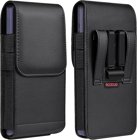 ACCKUO Leather Phone Holster with Strong Metal Belt Clip and Magnetic Closure Compatible with iPhone 16/15/14/13/12 Pro and Non-Pro, Galaxy S25 S24 S23 S22, M-Black