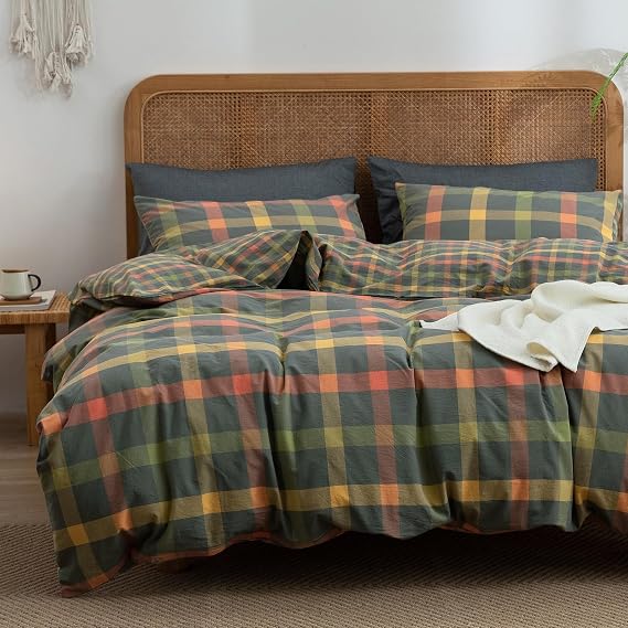 VM VOUGEMARKET Washed Cotton Bedding Set King Colorful Plaid Duvet Cover Set 3 Pieces Orange Grey Green Grid Duvet Cover with Zipper Ties for Men Women-104x90 Inch