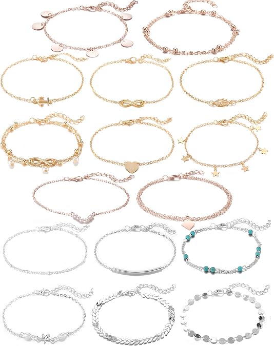 Softones 16Pcs Ankle Bracelets for Women Gold Silver Two Style Chain Beach Anklet Bracelet Jewelry Anklet Set,Adjustable Size