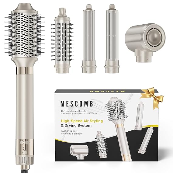 MESCOMB 5-in-1 Hot Air Styler Kit 110,000 RPM Fast-Drying Dryer, Auto-Wrap Curlers, Straightening & Volumizing Brushes All-in-One (Champagne White)