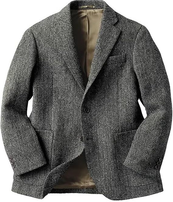 Mens Tweed Blazer Vintage Wool Blend Blazers Retro Herringbone Jacket Two Button Formal Business Casual Sport Coat.