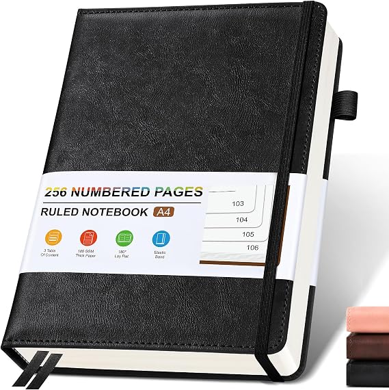 Lined Leather Journal Notebook for Men Women, Hardcover Journals with 256 Numbered Pages, A4 Journaling Notebooks for Writing, 100GSM Thick Ruled Paper for Business Work School 8.5"11", Black