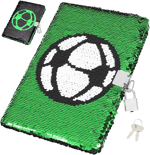 IMIKEYA Sequin Journal with Lock and Key, Soccer Diary for Kids