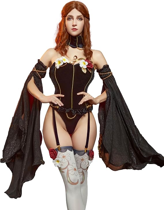 Mobbunny Women Medieval One Piece Bodysuit with Stockings and Tulle Sleeves Velvet Leotard Romper Jumpsuit Cosplay Bodysuit