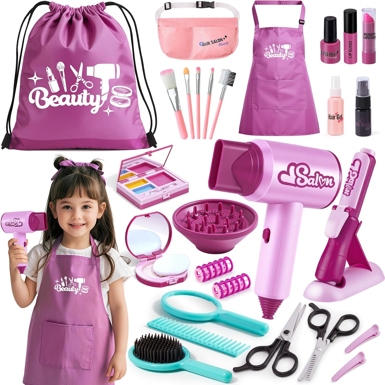 G.C Hair Salon Toys for Girls Kids Pretend Play Makeup Hair Styling Set with Realistic Blow Dryer Curling Iron Stylist Apron Accessories Beauty Salon Playset Birthday Gifts for Toddler Girls 3 4 5 6