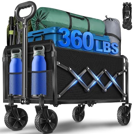 Collapsible Wagons Carts Foldable, 360lbs Portable Folding Wagon Cart with Wheels, Foldable Wagon Cart Utility for Camping, Beach, Grocery, Shopping, Sports, Garden