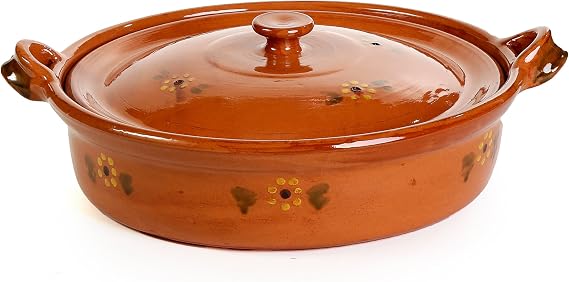 Ancient Cookware, Mexican Clay Flat Cazuela Pot, Large, 6 Quarts