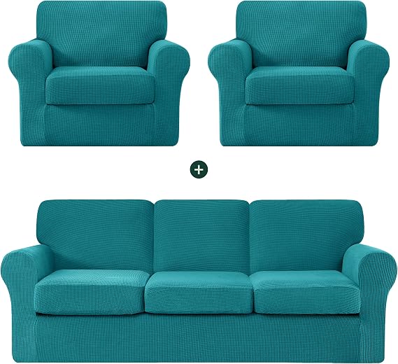 CHUN YI Two Armchair Sofa Slipcovers Bundles Large Couch Cover with Separate Backrests and Cushions, Checks Spandex Jacquard Fabric(Teal)