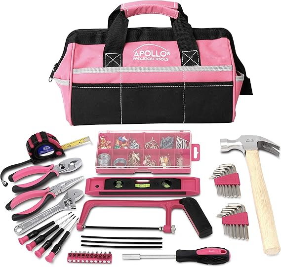 Apollo Tools 201 Piece Home Tool Set, Pink Tool Set Includes Hacksaw, Picture Hanging Assortment, and Selection of Most Needed Tools in Sturdy Tool Bag - Pink Ribbon - DT0020P
