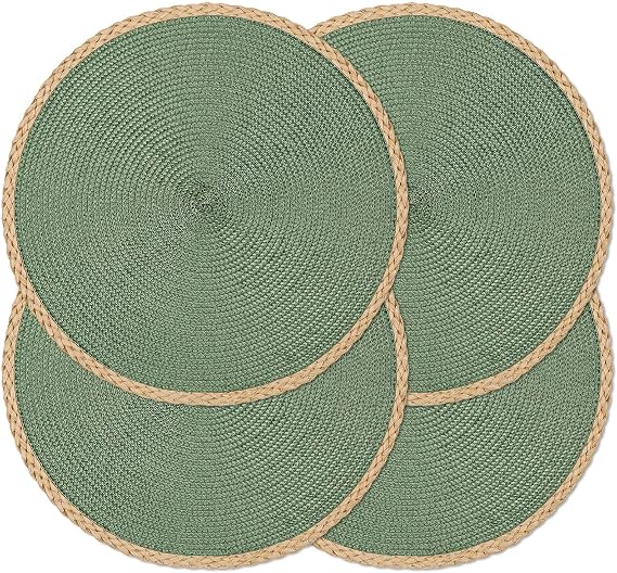 Round Placemats Set of 4, Woven Table Mats, Thin Edge, Green