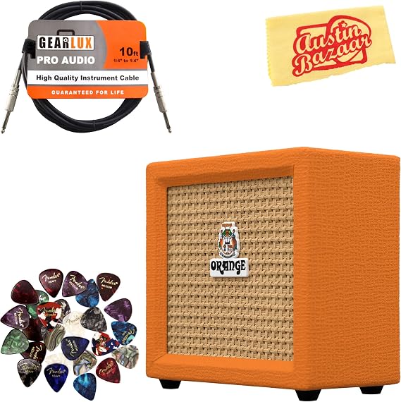 Orange Crush Mini Guitar Combo Amplifier Bundle with Instrument Cable, Picks, and Austin Bazaar Polishing Cloth