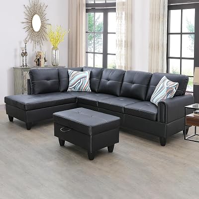NicBex Couches for Living Room L Shaped Couch Upholstered Futon Sofa Comfy Faux Leather Modular Sofa 3-Piece Living Couch with Storage Ottoman for Apartments, Living Room and Office, Black