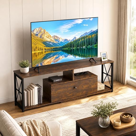 Industrial TV Stand with Storage for 55 60 Inch TV, Wooden Media Console Entertainment Center for Living Room or Bedroom, Modern TV Stand Table with Open Shelves, Rustic Brown