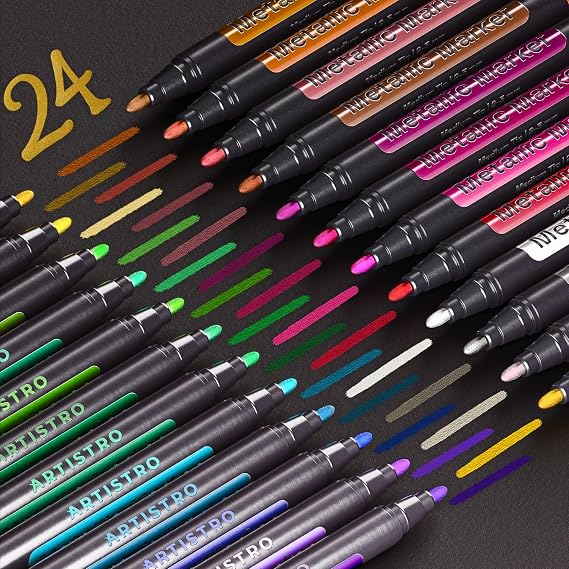 ARTISTRO Metallic Acrylic Paint Markers - Fine Tip Paint Pens for Rock, Wood, Glass, Ceramic, Black Paper, Scrapbooking Crafts, Card Making, DIY Photo Album, Ceramic