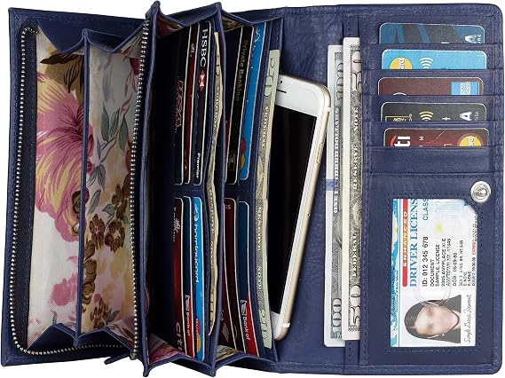 Women's Top Grain Leather Wallet, RFID Blocking Bifold clutch, 17 Card Slots, Zip Pocket Organizer, Elegant Gift for Women Birthday, Valentine, Anniversary - BLUE