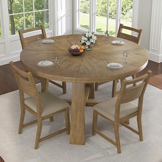 Jocisland Round Table Dining Set for 4, Solid Wood Mid-Century Mordern
